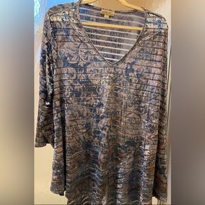 Blue & Silver Pattern Velour Asymmetrical Top